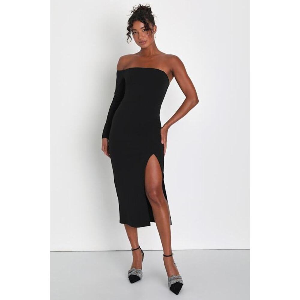 Lulus Modern Stunner Black One-shoulder Bodycon Midi Dress - Size XL